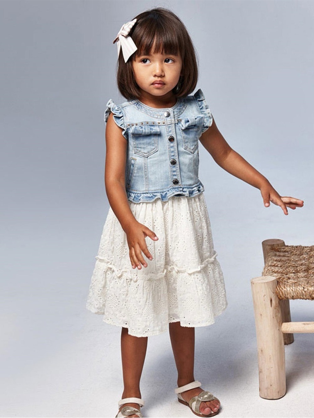 Mayoral Light Blue Denim Vest with Cream Eyelet Dress